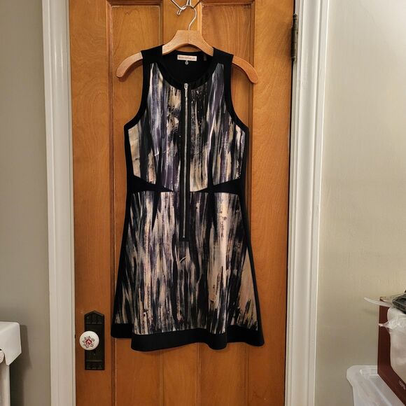 Rebecca Taylor Brushstroke Shift Dress, 100% Silk Panel, Blue Creme Black, Sz 4 - Picture 6 of 9